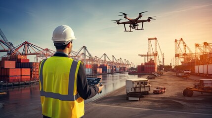 Man Doing Inspection with Drone at Ship Yard Logistic Site