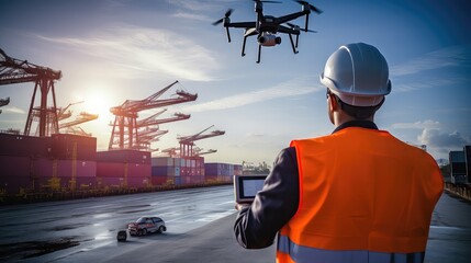 Man Doing Inspection with Drone at Ship Yard Logistic Site - obrazy, fototapety, plakaty