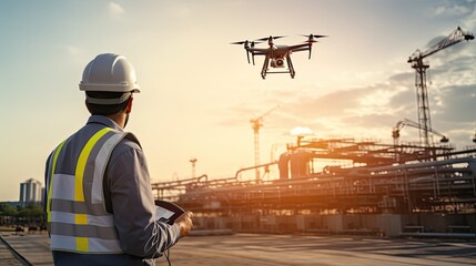 Man Doing Inspection with Drone at Construction Site