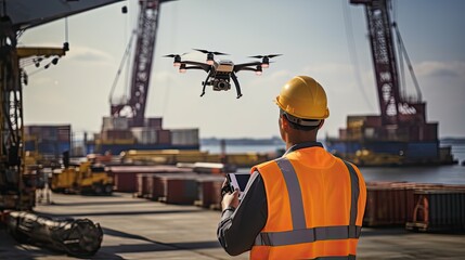 Man Doing Inspection with Drone at Ship Yard Logistic Site - obrazy, fototapety, plakaty