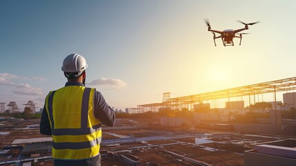 Man Doing Inspection with Drone at Construction Site - obrazy, fototapety, plakaty