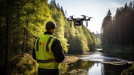 Inspection with Drone forest river - obrazy, fototapety, plakaty