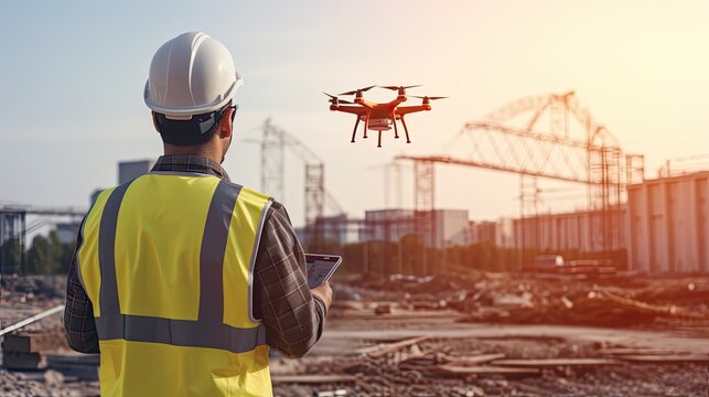 Man Doing Inspection with Drone at Construction Site