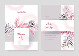Pink frangipani modern wedding invitation template with floral and flower