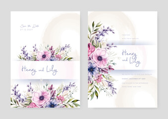 Pink and purple violet peony vector elegant watercolor wedding invitation floral design
