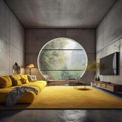 Empty room, yellow furniture and TV screen on the wall. Minimal interior design. Loft style, concrete walls. Oval window. Forest outside. yellow plants. Generative AI