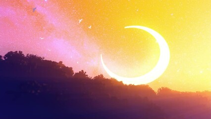 Freedom pigeons flying around a crescent moon against starry sky, tilt