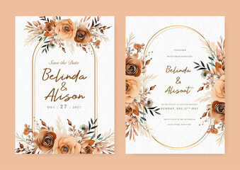 Brown and beige rose luxury wedding invitation with golden line art flower and botanical leaves, shapes, watercolor