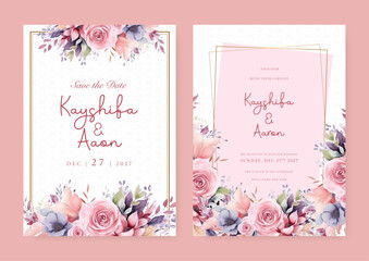 Pink and blue rose and poppy set of wedding invitation template with shapes and flower floral border