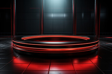 Ai Generated photo red light round podium and black background for mock up realistic image