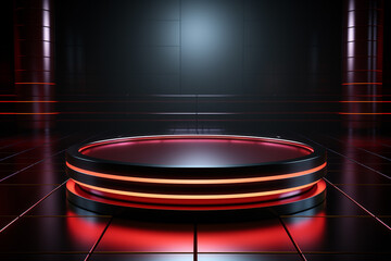Ai Generated photo red light round podium and black background for mock up realistic image