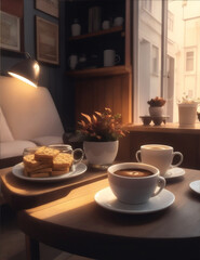 Obraz premium Afternoon break, relaxation, atmospheric, atmospheric cafe, cup, coffee, drink, Generative AI