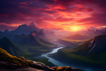 Fototapeta na wymiar Majestic mountain range at sunset, casting vibrant hues across the horizon. Generative Ai.No.02