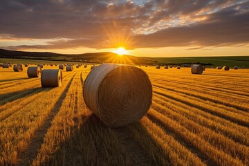 Panorama of hay bales in farm field under spectacular summer sunrise, photographed near Pincher Creek, Alberta, Canada. Generative AI - obrazy, fototapety, plakaty
