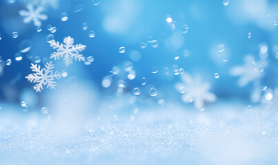 Fototapeta na wymiar White snow and snowflakes Bokeh Blue background