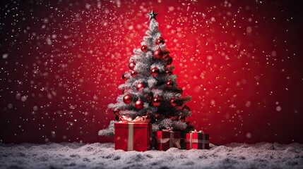 Obraz premium Luxury fir tree with some snowflakes and red gift box on the red background AI Generative