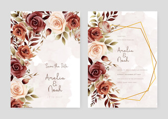 Brown and beige rose wedding invitation card template with flower and floral watercolor texture vector