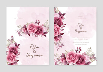 Pink and red rose set of wedding invitation template with shapes and flower floral border