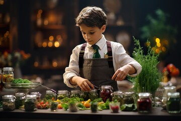 An skilled kid chef in a kitchen, carefully plating a gourmet dish.