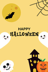 Halloween card with a ghost and a scary castle. Vector design for banner, poster, card for Halloween.