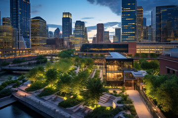 Fototapeta premium The Sustainable Metropolis: A City's Commercial Hub at Twilight, Each Building a Glowing Beacon of Sustainability with Lush Green Roofs