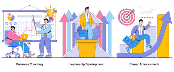 Business coaching, leadership development, career advancement concept with character. Professional growth abstract vector illustration set. Skills enhancement, mentorship, personal success metaphor
