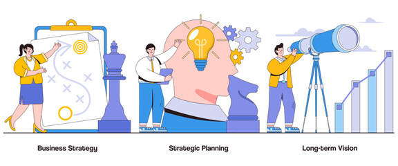 Business strategy, strategic planning, long-term vision concept with character. Strategic thinking abstract vector illustration set. Goal setting, action planning, strategic implementation metaphor © VZ_Art