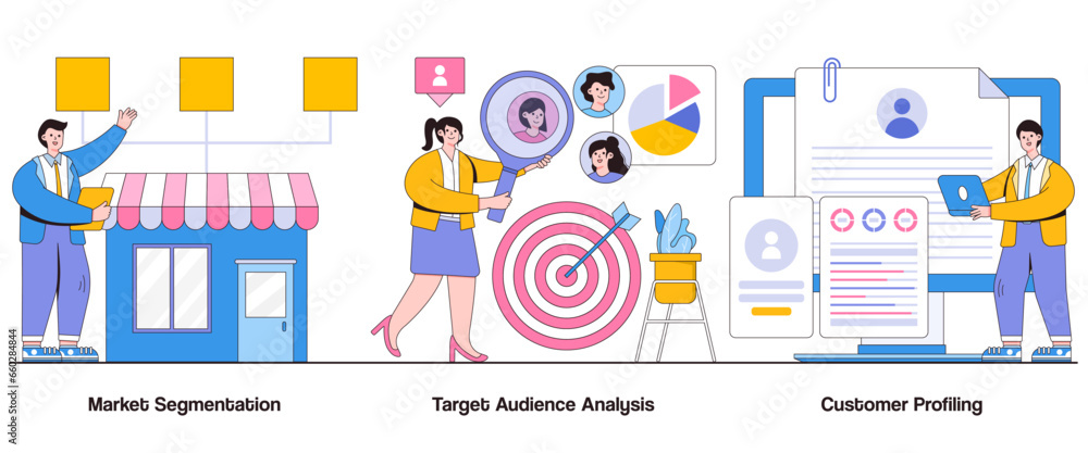 Poster market segmentation, target audience analysis, customer profiling concept with character. audience s