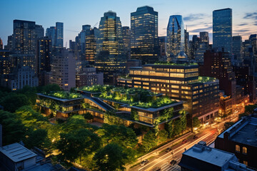 Obraz premium The Sustainable Metropolis: A City's Commercial Hub at Twilight, Each Building a Glowing Beacon of Sustainability with Lush Green Roofs