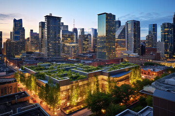 Fototapeta na wymiar The Sustainable Metropolis: A City's Commercial Hub at Twilight, Each Building a Glowing Beacon of Sustainability with Lush Green Roofs