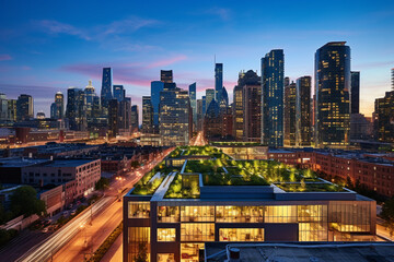 Fototapeta premium The Sustainable Metropolis: A City's Commercial Hub at Twilight, Each Building a Glowing Beacon of Sustainability with Lush Green Roofs