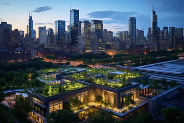 Naklejka premium The Sustainable Metropolis: A City's Commercial Hub at Twilight, Each Building a Glowing Beacon of Sustainability with Lush Green Roofs