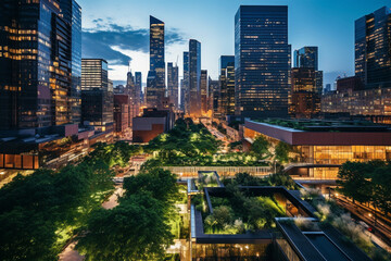 The Sustainable Metropolis: A City's Commercial Hub at Twilight, Each Building a Glowing Beacon of Sustainability with Lush Green Roofs