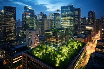 The Sustainable Metropolis: A City's Commercial Hub at Twilight, Each Building a Glowing Beacon of Sustainability with Lush Green Roofs