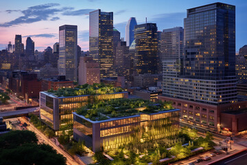 Naklejka premium The Sustainable Metropolis: A City's Commercial Hub at Twilight, Each Building a Glowing Beacon of Sustainability with Lush Green Roofs