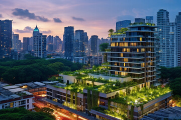 Naklejka premium The Sustainable Metropolis: A City's Commercial Hub at Twilight, Each Building a Glowing Beacon of Sustainability with Lush Green Roofs