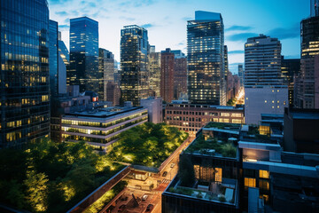 Fototapeta na wymiar The Sustainable Metropolis: A City's Commercial Hub at Twilight, Each Building a Glowing Beacon of Sustainability with Lush Green Roofs