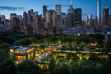 Obraz premium The Sustainable Metropolis: A City's Commercial Hub at Twilight, Each Building a Glowing Beacon of Sustainability with Lush Green Roofs