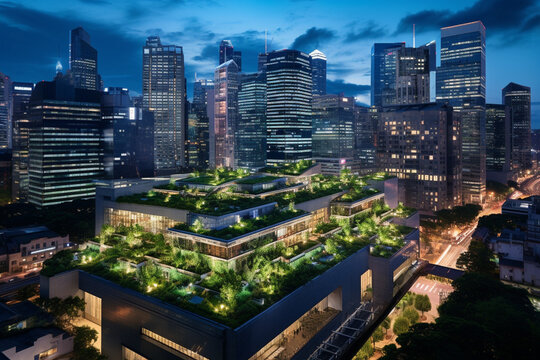 The Sustainable Metropolis: A City's Commercial Hub at Twilight, Each Building a Glowing Beacon of Sustainability with Lush Green Roofs