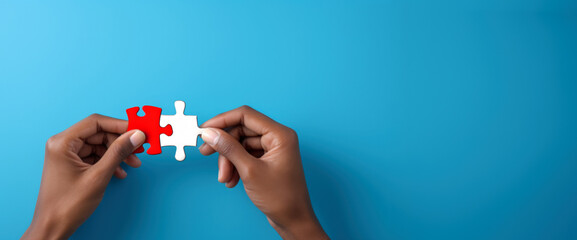 Hands holding a jigsaw puzzle on pastel blue background and solving a riddle. Business concept of overcoming challenges. With copy space. - obrazy, fototapety, plakaty