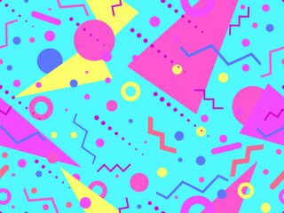 Memphis seamless pattern with geometric shapes in 80s and 90s style. Geometric shapes of different shapes and colors. Design of promotional products, wrapping paper and printing. Vector illustration