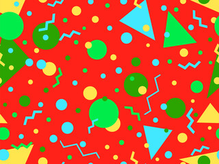 Fototapeta premium Geometric seamless pattern with memphis elements in 80s style. Colorful geometric pattern. Design of promotional products, wrapping paper and printing. Vector illustration