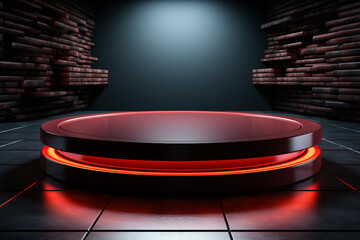 Fototapeta premium Ai Generated photo red light round podium and black background for mock up realistic image