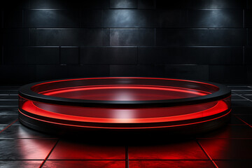 Ai Generated photo red light round podium and black background for mock up realistic image