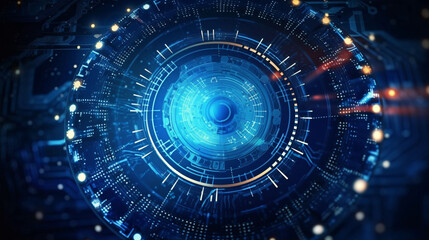 Round blue neon technology high tech dark background, abstract graphic digital futuristic concept design