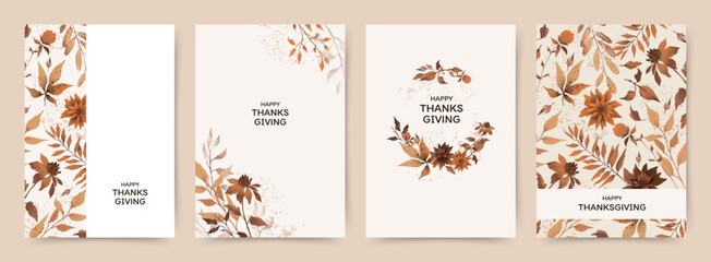 Thanksgiving Day card templates with
autumn watercolor foliage and flowers in warm brown tones. Vector illustration for greeting card, wedding invitation, poster, flyer, cover, banner, social media