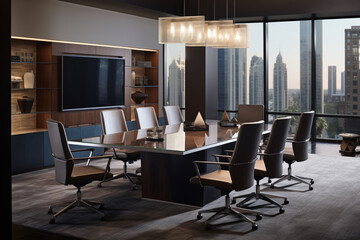 Fototapeta na wymiar Sophisticated Corporate Boardroom with Ergonomic Furniture, Creating an Atmosphere of Comfort and Productivity for Crucial Decision-Making