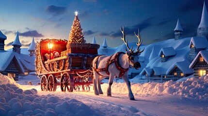 Santas sleigh pulled by reindeers with gift boxes on the winter background AI Generative - obrazy, fototapety, plakaty