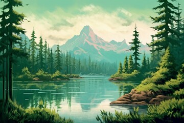 Scenic view of serene lake surrounded by lush forest and towering mountains, depicted in a drawing style. Generative AI
