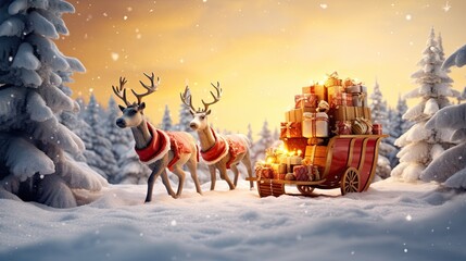 Santas sleigh pulled by reindeers with gift boxes on the winter background AI Generative - obrazy, fototapety, plakaty
